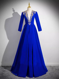 A-line Deep V neck Royal Blue Elegant Long Prom Dress Princess Dresses TKL2165|Selinadress