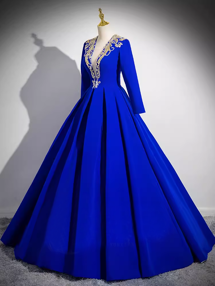 A-line Deep V neck Royal Blue Elegant Long Prom Dress Princess Dresses TKL2165|Selinadress