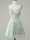 A-line Dusty Sage Homecoming Dresses Hoco Dress Spaghetti Straps Applique Cocktail Dress #TKL2356|Selinadress