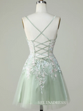 A-line Dusty Sage Homecoming Dresses Hoco Dress Spaghetti Straps Applique Cocktail Dress #TKL2356|Selinadress