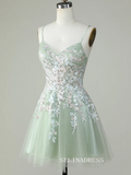 A-line Dusty Sage Homecoming Dresses Hoco Dress Spaghetti Straps Applique Cocktail Dress #TKL2356|Selinadress