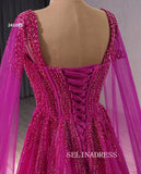 A-line Fuchsia Beaded Prom Dress Luxury Evening Gown Wedding Dress 241093|Selinadress