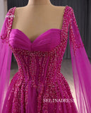 A-line Fuchsia Beaded Prom Dress Luxury Evening Gown Wedding Dress 241093|Selinadress