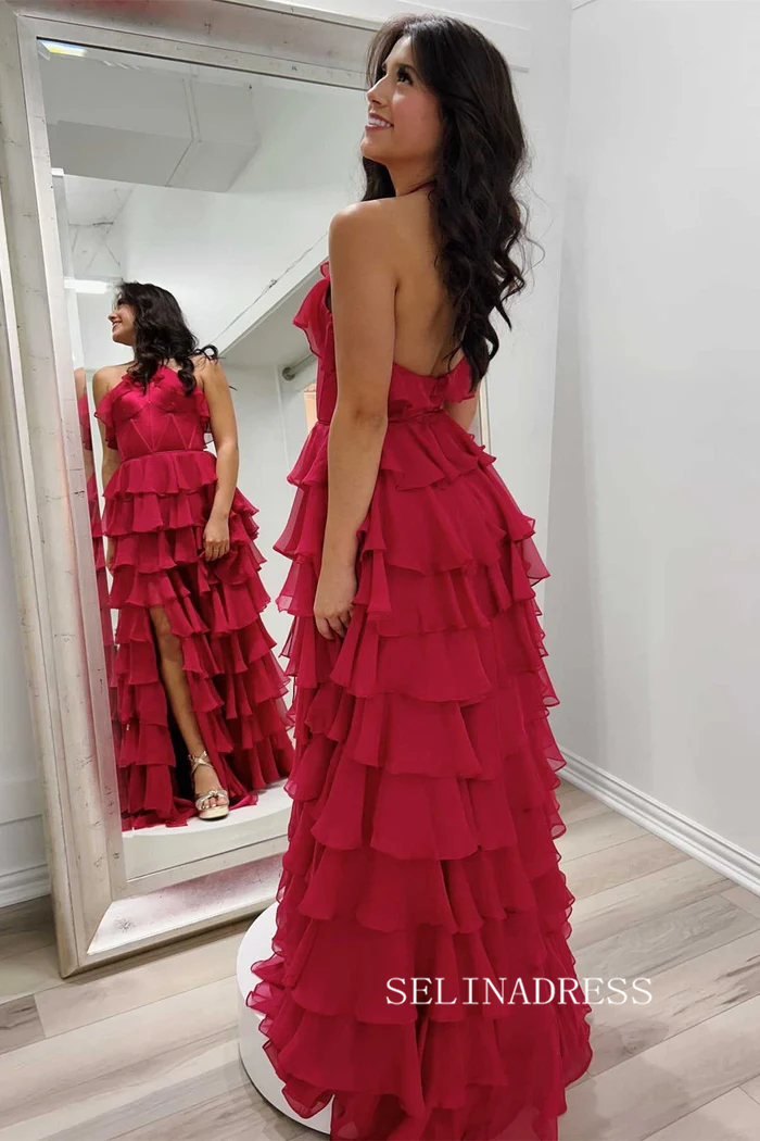 A-line Halter Fuchsia Ruffles Long Prom Dress With Slit lpk931|Selinadress