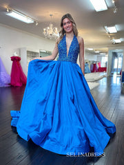 A-line Halter Royal Blue Beaded Long Prom Dress Evening Dress SEW1163|Selinadress