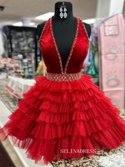 A-line Halter V neck Beaded Short Prom Dress Red Homecoming Dresses #TKL2320|Selinadress