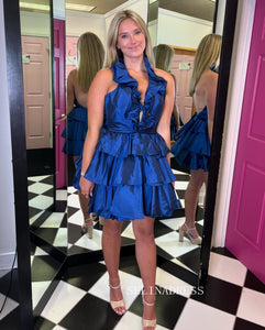 A-line Halter V neck Short Prom Dress Blue Homecoming Dresses #TKL2808|Selinadress