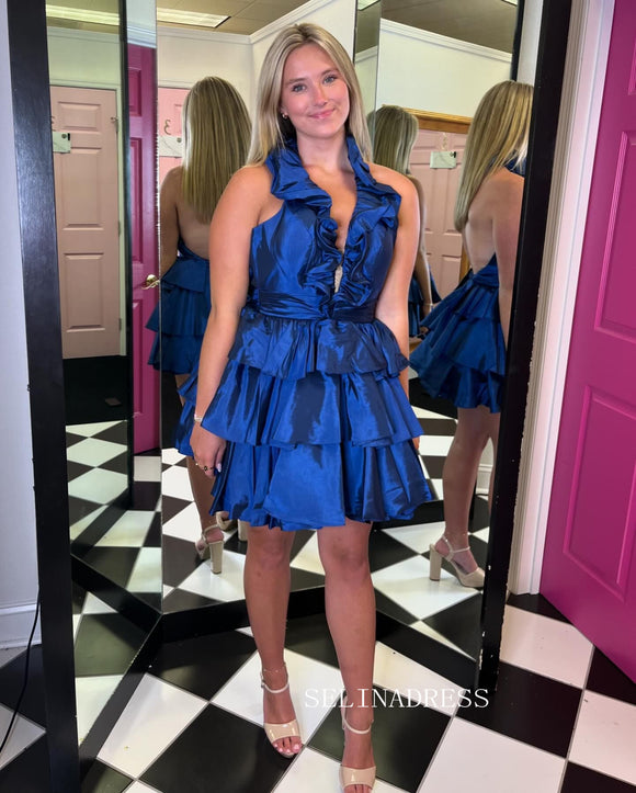 A-line Halter V neck Short Prom Dress Blue Homecoming Dresses #TKL2808|Selinadress