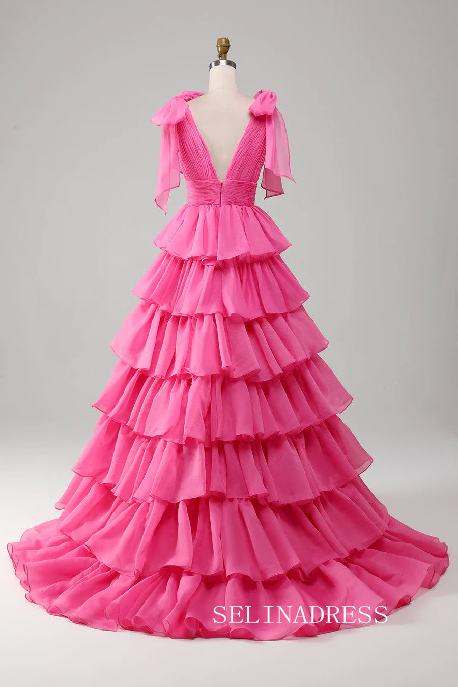 A-line Hot Pink Bow Tie Layers Straps Long Prom Dress with Slit lps030|Selinadress