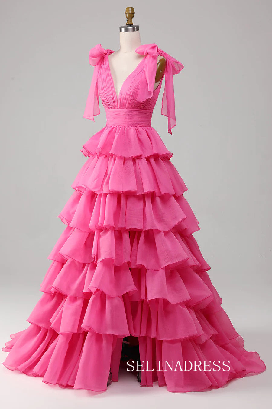 A-line Hot Pink Bow Tie Layers Straps Long Prom Dress with Slit lps030|Selinadress