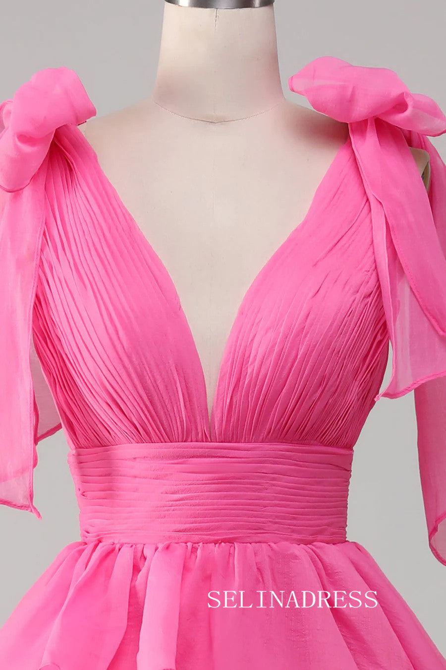 A-line Hot Pink Bow Tie Layers Straps Long Prom Dress with Slit lps030|Selinadress