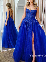 A line Illusion V neck Appliques Long Sparkly Prom Formal Dress With High Split sew1080|Selinadress