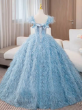 A-line Light Sky Blue Elegant Long Prom Dress Princess Quinceanera TKL2164|Selinadress