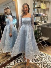 A-line Light Sky Blue Sparkly Long Prom Dresses Sequins Long Sleeve Evening Gowns SEW0852|Selinadress