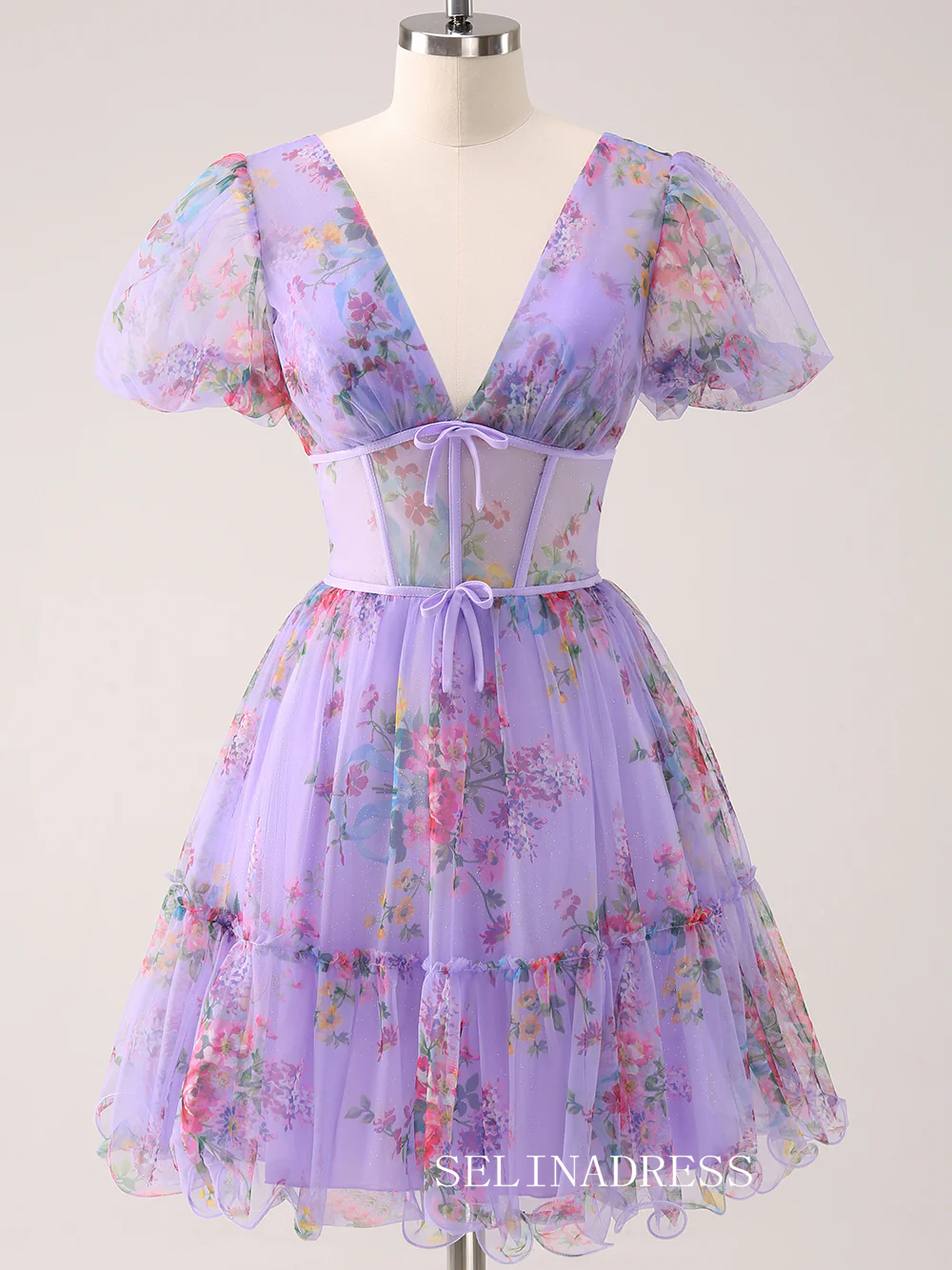 A-line Lilac V neck Homecoming Dresses Floral Hoco Dress Cocktail Dress #TKL2349|Selinadress