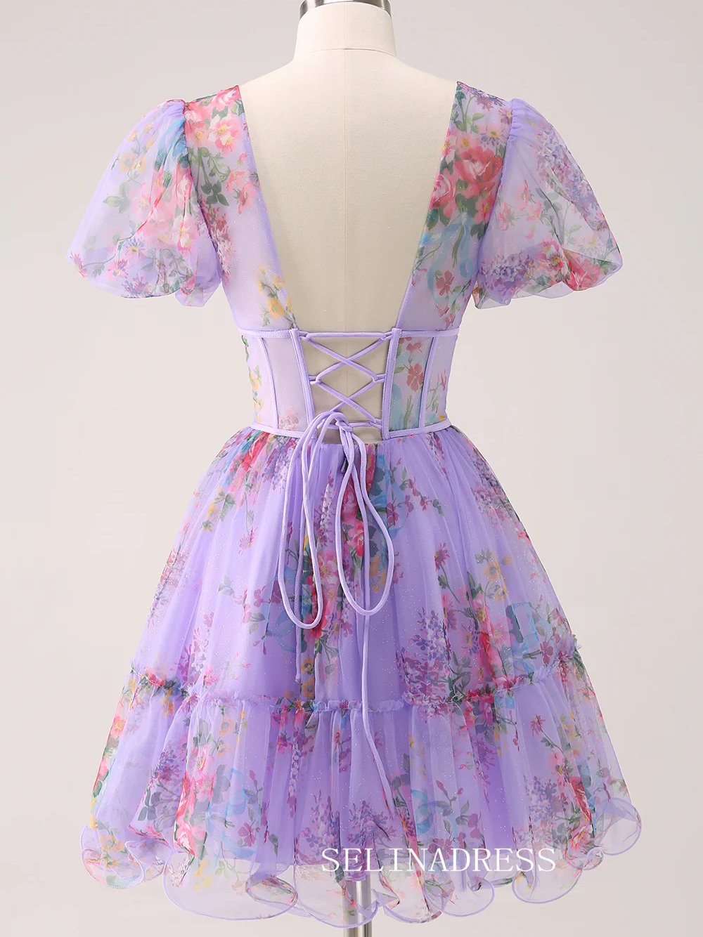 A-line Lilac V neck Homecoming Dresses Floral Hoco Dress Cocktail Dress #TKL2349|Selinadress