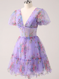 A-line Lilac V neck Homecoming Dresses Floral Hoco Dress Cocktail Dress #TKL2349|Selinadress