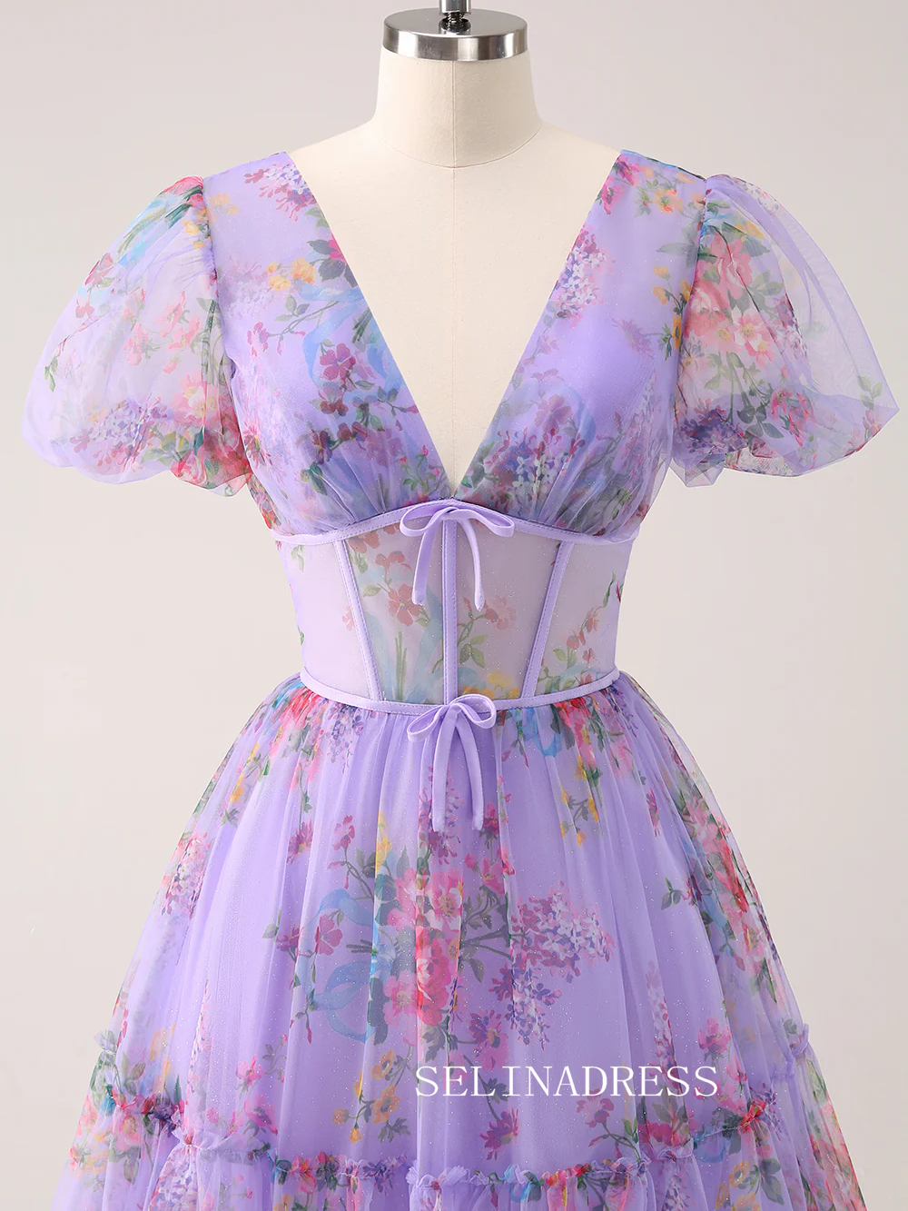 A-line Lilac V neck Homecoming Dresses Floral Hoco Dress Cocktail Dress #TKL2349|Selinadress