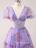 A-line Lilac V neck Homecoming Dresses Floral Hoco Dress Cocktail Dress #TKL2349|Selinadress