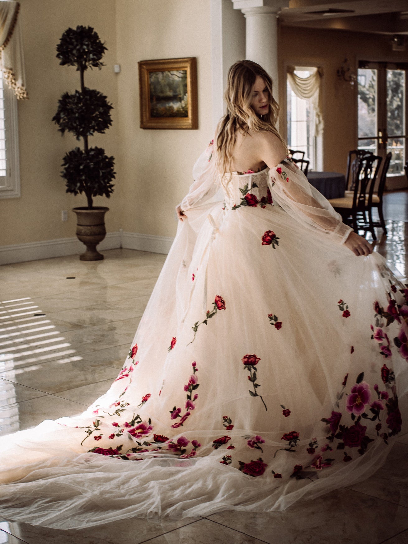 A-line Long Puff Sleeve Wedding Dress Rose Appliques Tulle Wedding Gown Bridal Dress KTS003|Selinadress