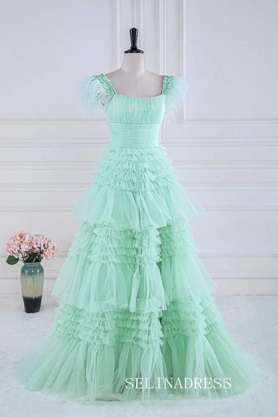 A-line Mint Green Layers Long Prom Dress with Feather lps028|Selinadress