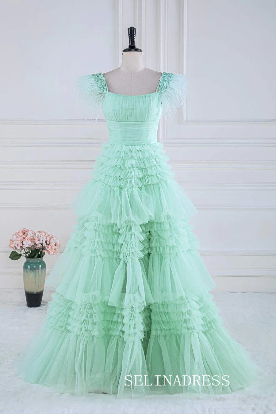 A-line Mint Green Layers Long Prom Dress with Feather lps028|Selinadress