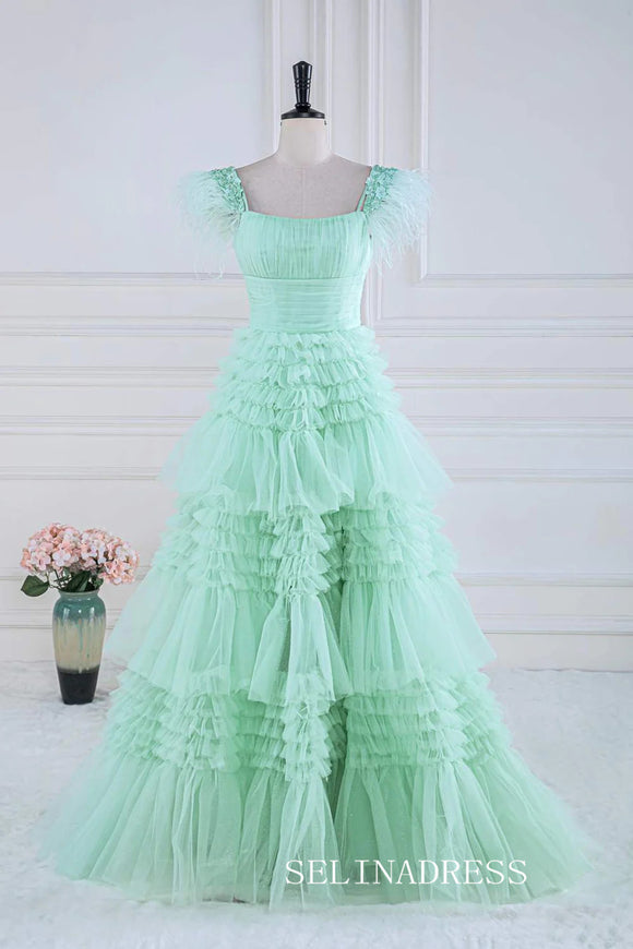 A-line Straps Mint Green Long Prom Dress With Sequins Ruffles Evening –  SELINADRESS