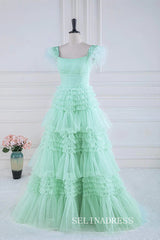 A-line Mint Green Layers Long Prom Dress with Feather lps028|Selinadress