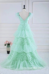 A-line Mint Green Layers Long Prom Dress with Feather lps028|Selinadress