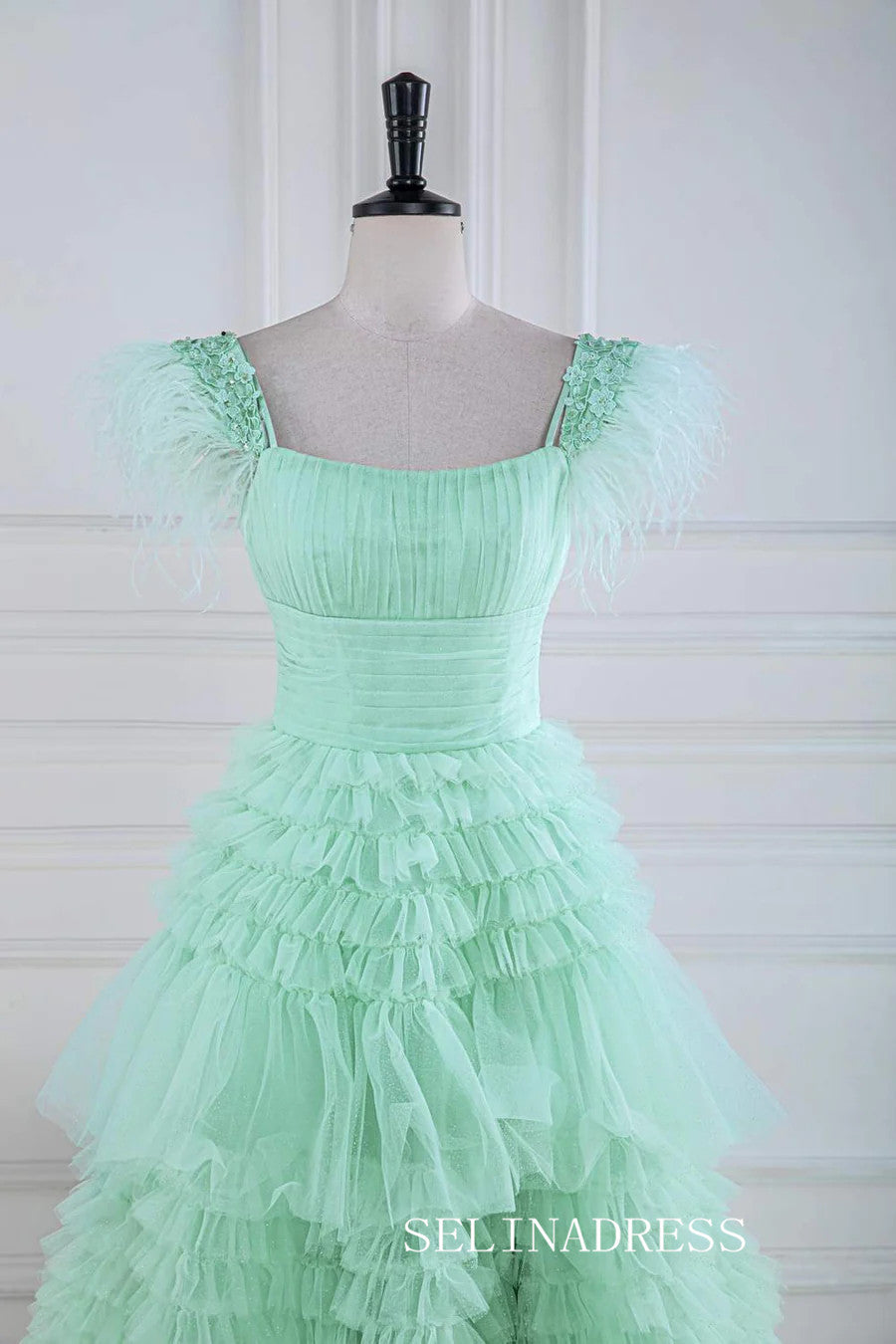 A-line Mint Green Layers Long Prom Dress with Feather lps028|Selinadress