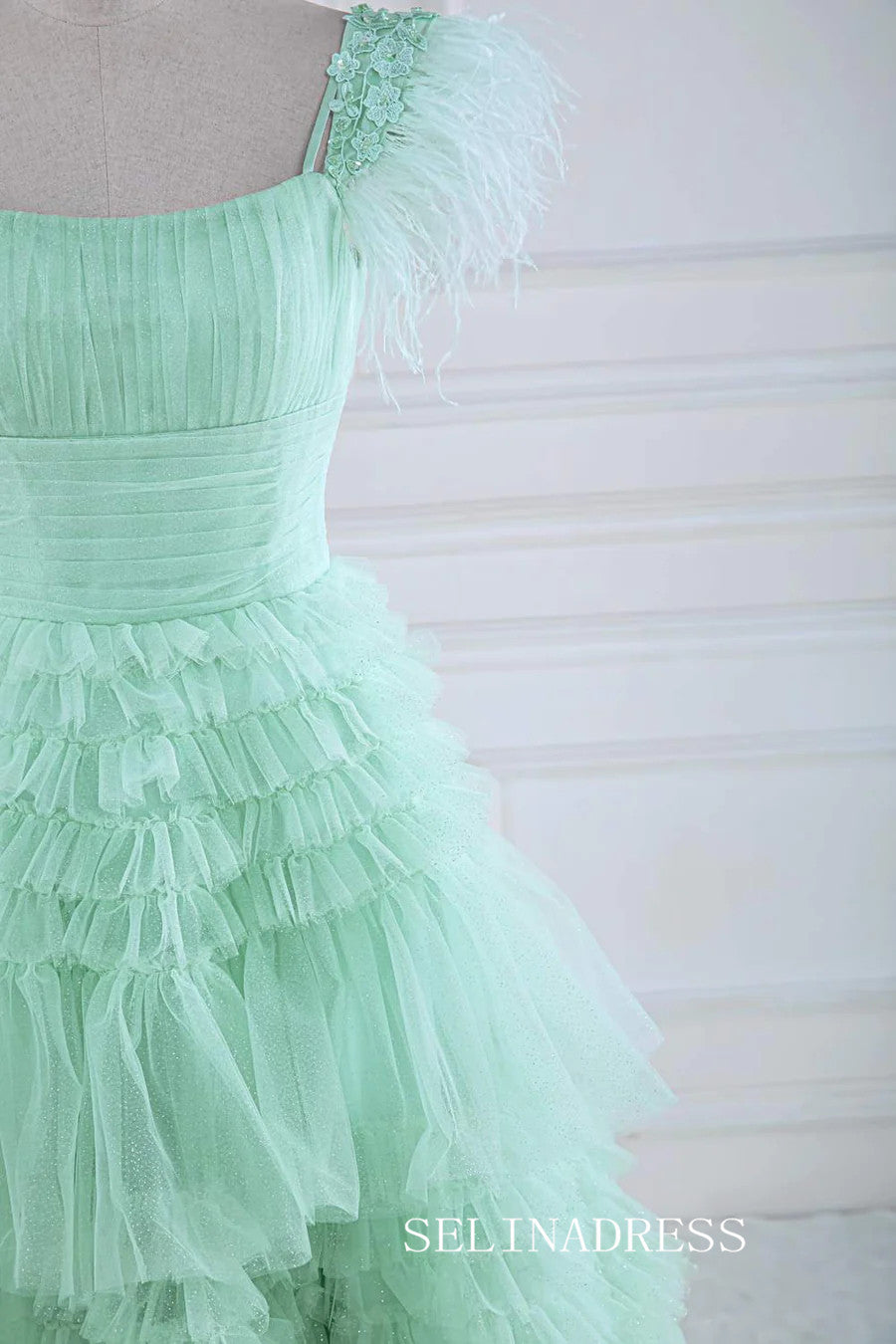 A-line Mint Green Layers Long Prom Dress with Feather lps028|Selinadress