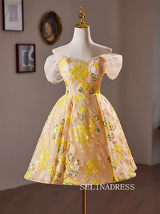 A-Line Off Shoulder Tulle Yellow Short Prom Dress Lace Homecoming Dress #TKL2113|Selinadress