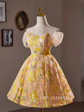 A-Line Off Shoulder Tulle Yellow Short Prom Dress Lace Homecoming Dress #TKL2113|Selinadress