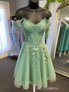 A-line Off-the-shoulder Beaded Sage Homecoming Dress Short Prom Dress EWR716|Selinadress