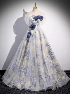 A-line Off-the-shoulder Blue Long Prom Dress Beautiful Flower Tulle Princess Dresses TKL2154|Selinadress