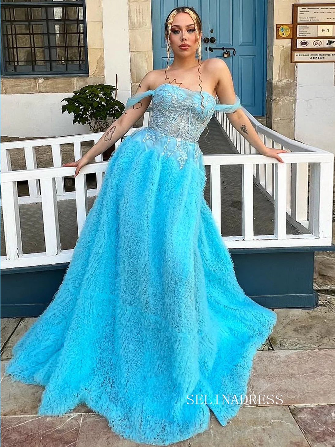 A-line Off-the-shoulder Blue Ruffles Long Prom Dress Evening Dress SEW1136|Selinadress