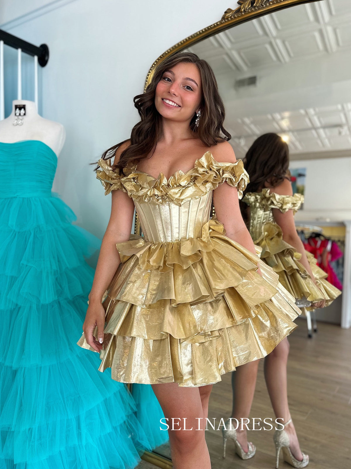 A-line Off-the-shoulder Gold Homecoming Dresses Tiered Hoco Dress Cocktail Dress #TKL2343|Selinadress