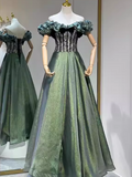 A-line Off-the-shoulder Green Long Prom Dress Beautiful Lace Princess Dresses TKL2151|Selinadress