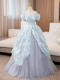 A-line Off-the-shoulder Light Sky Blue Long Prom Dress Beautiful Tulle Princess Dresses TKL2163|Selinadress