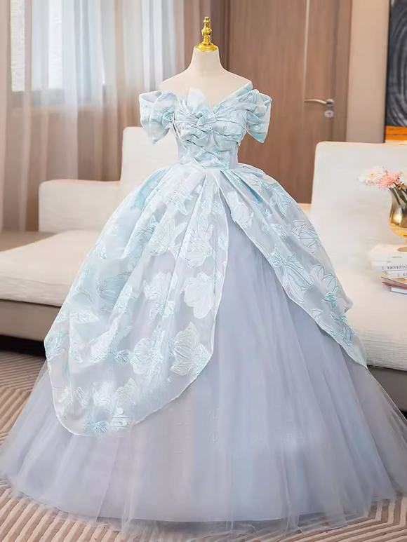 A-line Off-the-shoulder Light Sky Blue Long Prom Dress Beautiful Tulle Princess Dresses TKL2163|Selinadress