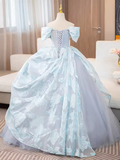 A-line Off-the-shoulder Light Sky Blue Long Prom Dress Beautiful Tulle Princess Dresses TKL2163|Selinadress