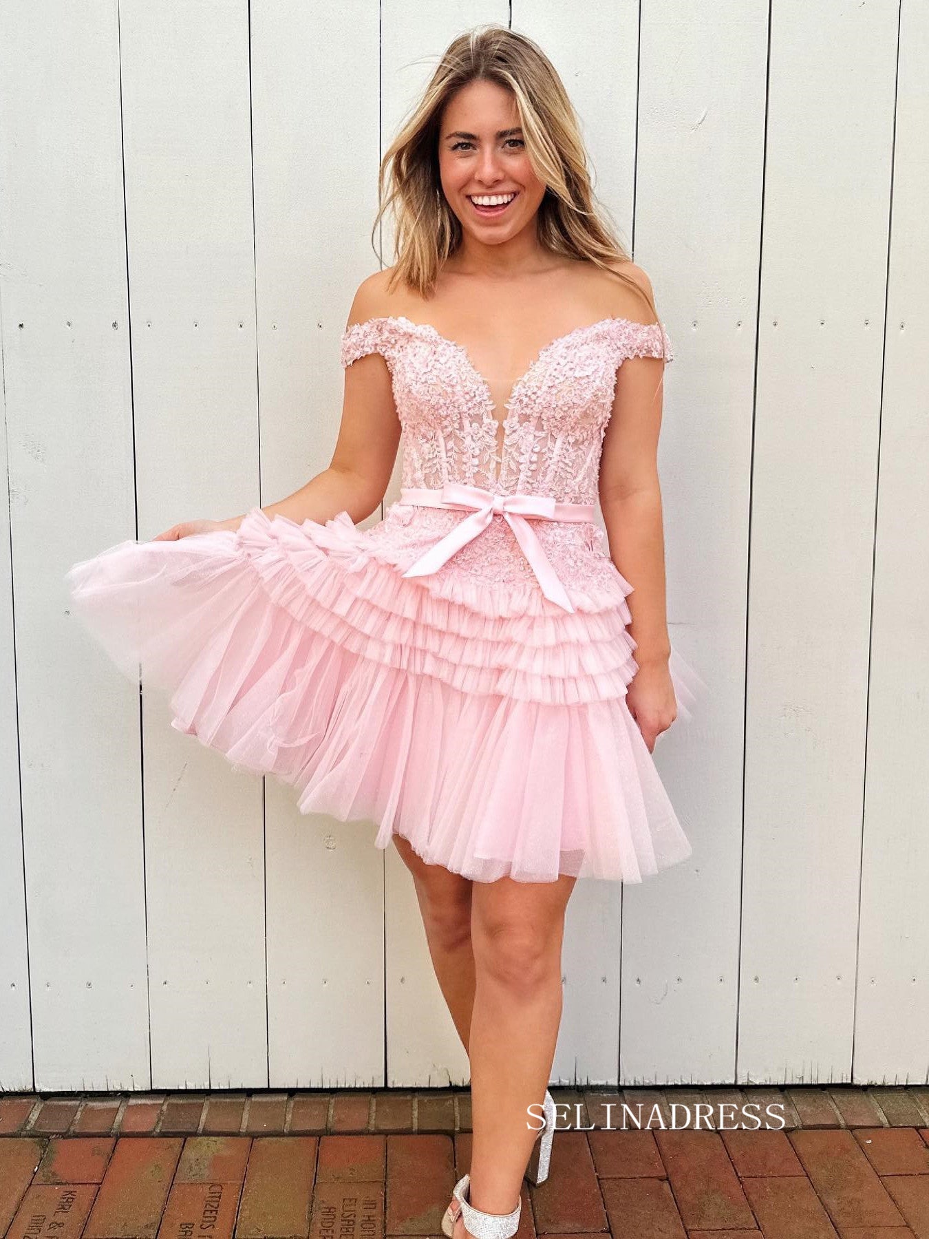 A-line Off-the-shoulder Pink Lace Homecoming Dress Cute Short Prom Dress Cocktail Dresses SEW0855|Selinadress