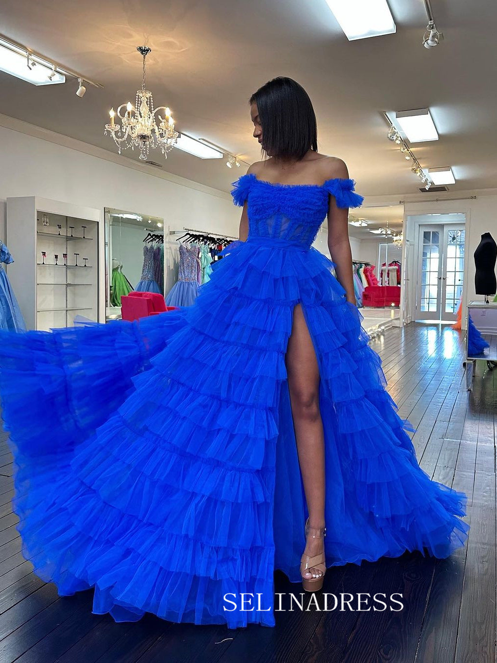 A-line Off-the-shoulder Ruffles Tulle Long Prom Dress Evening Dress lpk927|Selinadress