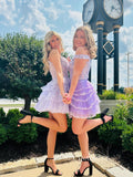 A-line Off-the-shoulder Short Prom Dress Lilac Homecoming Dresses #TKL2316|Selinadress