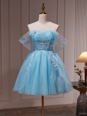 A-line Off-the-shoulder Unique Blue Short Prom Dress Juniors Homecoming Dresses kts014|Selinadress