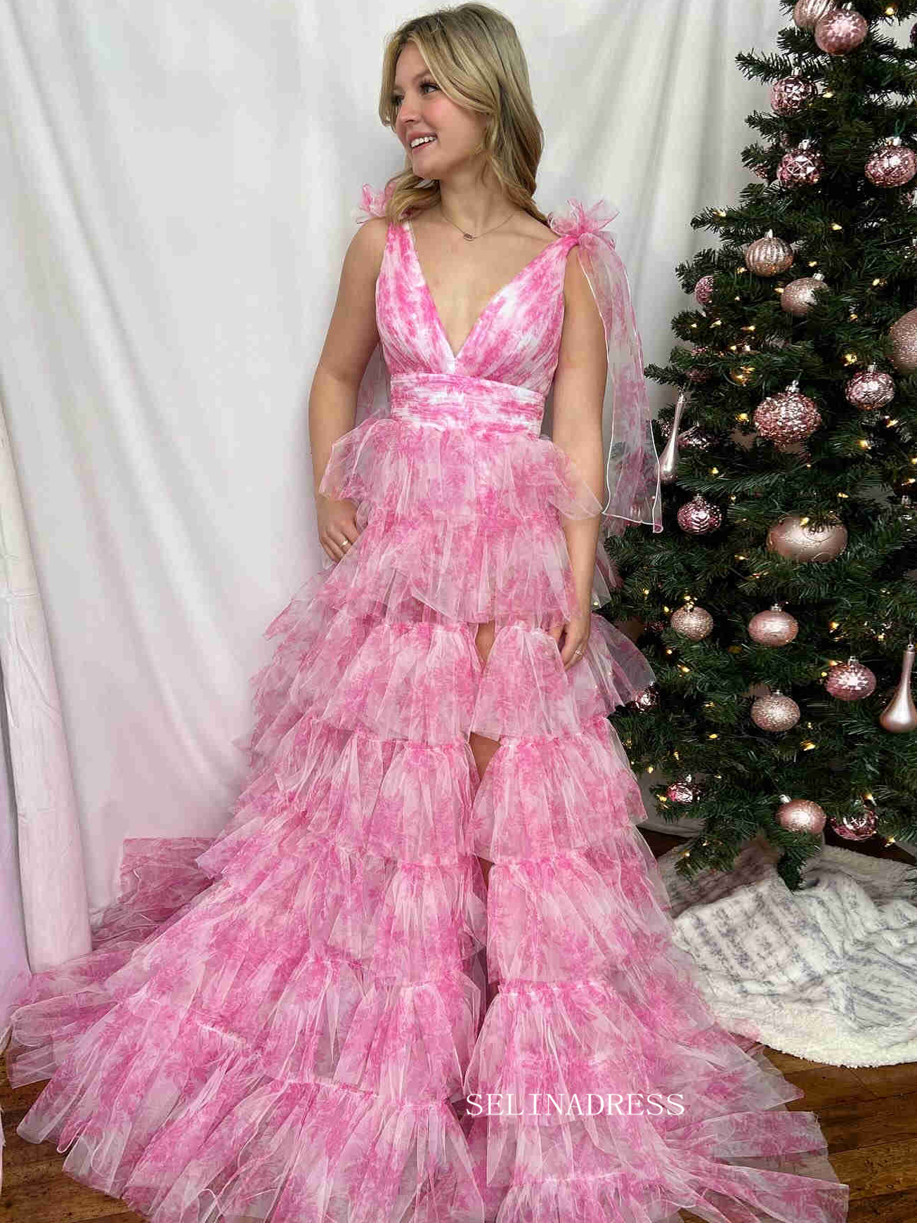 A-line Pink Floral Bow Tie Straps Layers Long Prom Dress with Slit lps026|Selinadress