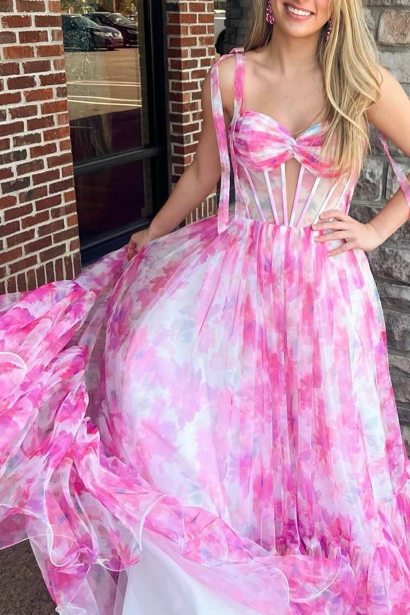 A-Line Pink Floral Print Corset Prom Dress with Bow Tie Straps SEW1309|Selinadress