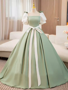 A-line Puff Sleeve Green Elegant Long Prom Dress Satin Princess Dresses TKL2167|Selinadress