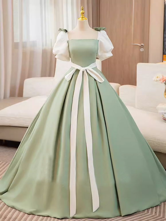 A-line Puff Sleeve Green Elegant Long Prom Dress Satin Princess Dresses TKL2167|Selinadress