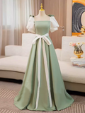 A-line Puff Sleeve Green Elegant Long Prom Dress Satin Princess Dresses TKL2167|Selinadress